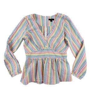 J. Crew Womens Rainbow Baby Doll‎ Long Sleeve Blouse Peplum V-neck Seersucker 0